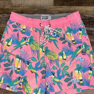 Party Pants Tropical Parrot Beer Print Swim Trunks Mens Small Pink